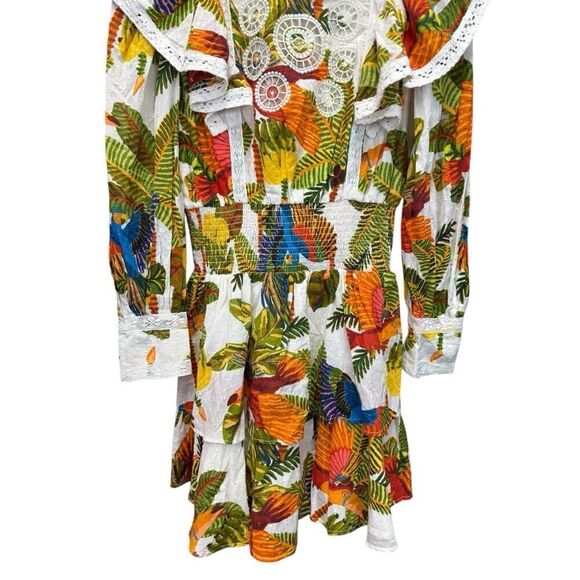 Farm Rio Tropical Birds Mini Dress Small Boho Ruffle Sleeve 100% Cotton - Picture 8 of 13